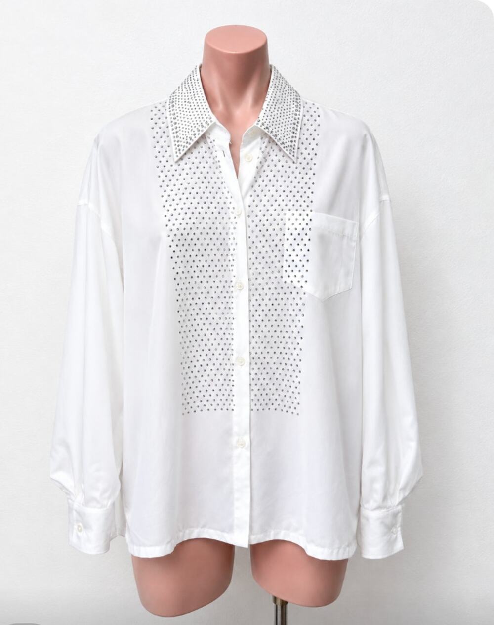 Prada White Long Sleeve Front Button Rhinestone Encrusted Collar & Front Shirt